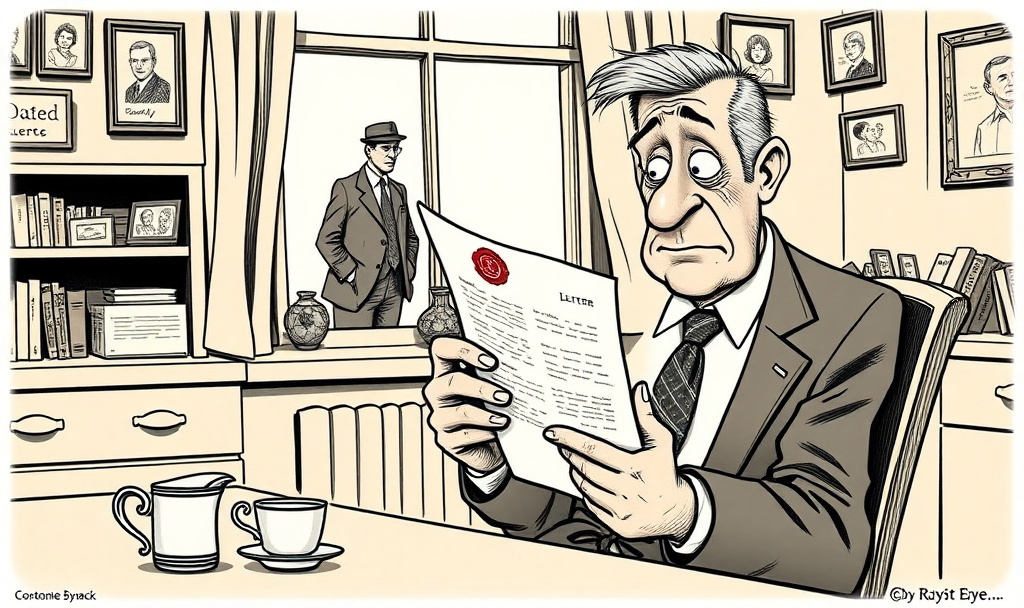 Satirical broadsheet cartoon of a worried man reading a court enforcement letter