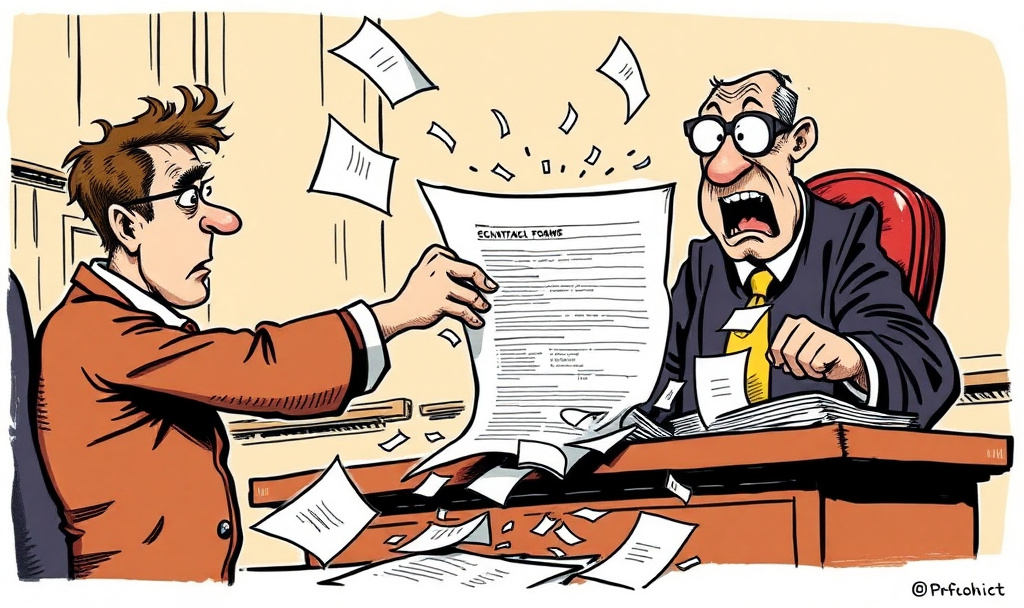 Cartoon of a litigant presenting Form N244 application notice to a judge